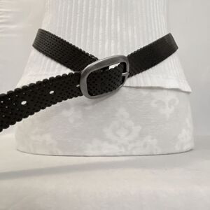 Womens Perforated Belt Large Waist Black Faux Leather Pewter Buckle